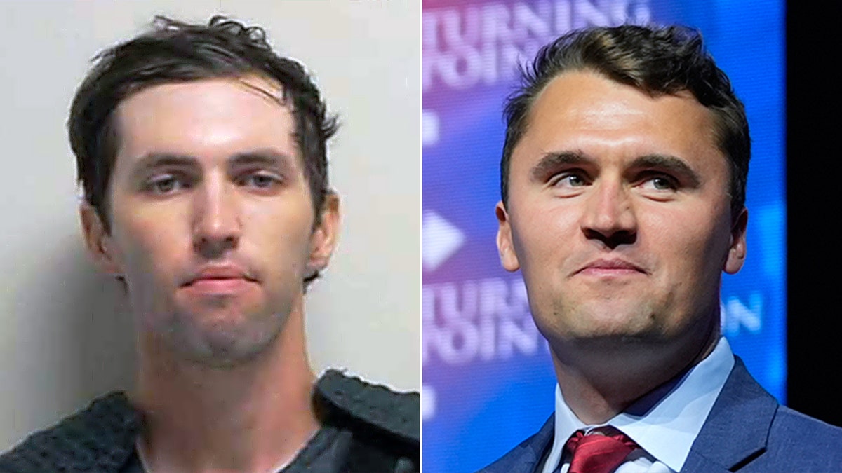 A mugshot of suspected assassin Tyler Robinson wearing a protective vest with stubble on short hair, on the left, and victim Charlie Kirk in a blue suit and red tie on the right