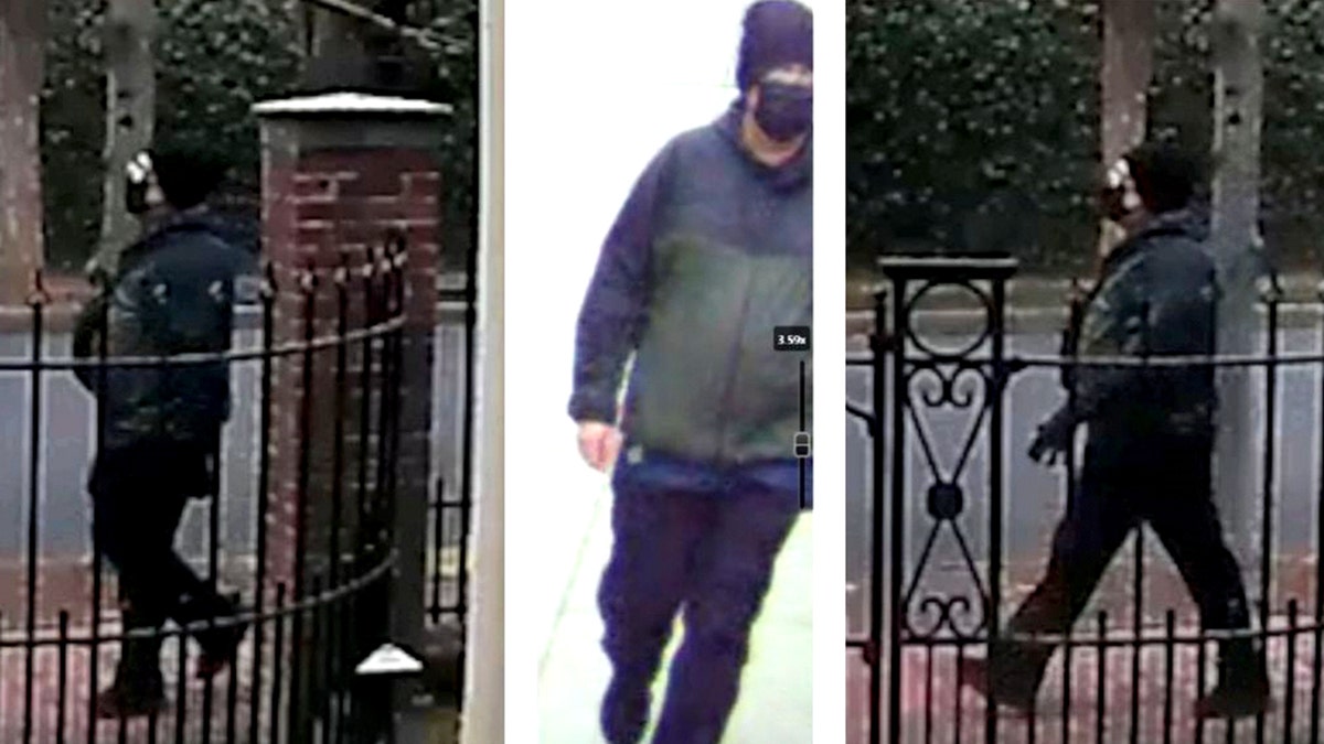 combo image shows person of interest in all black walking streets