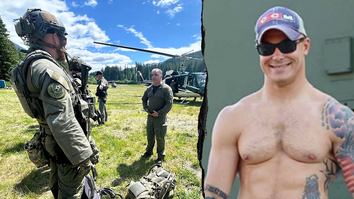 A side-by-side image of Travis Decker and authorities searching for the father