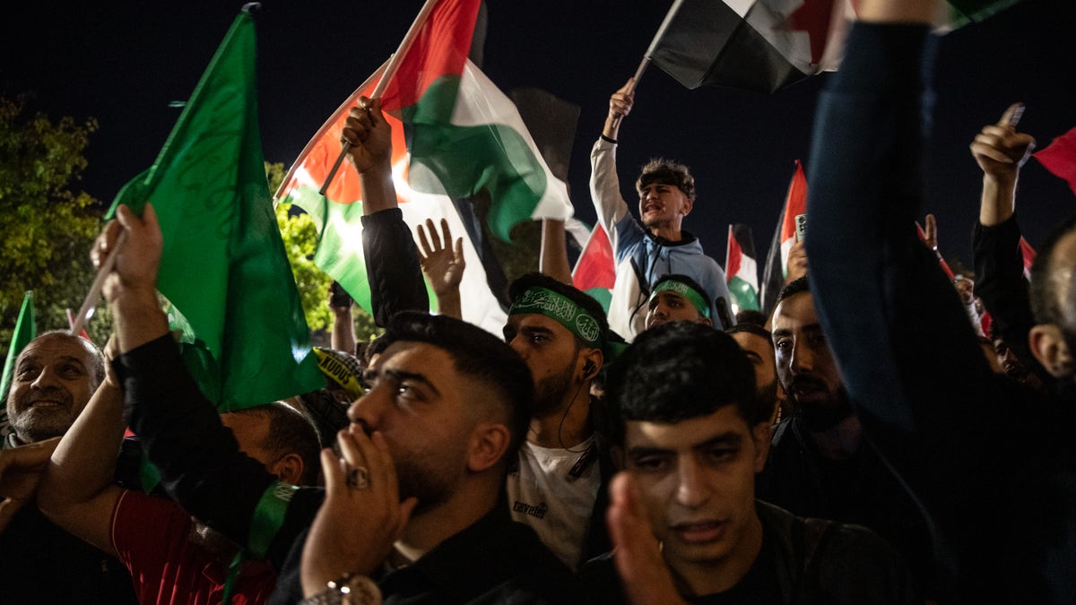 People gather in support of the recent attacks on Israel by the Palestinian militant group Hamas at Fatih Mosque on October 07, 2023, in Istanbul, Turkey.