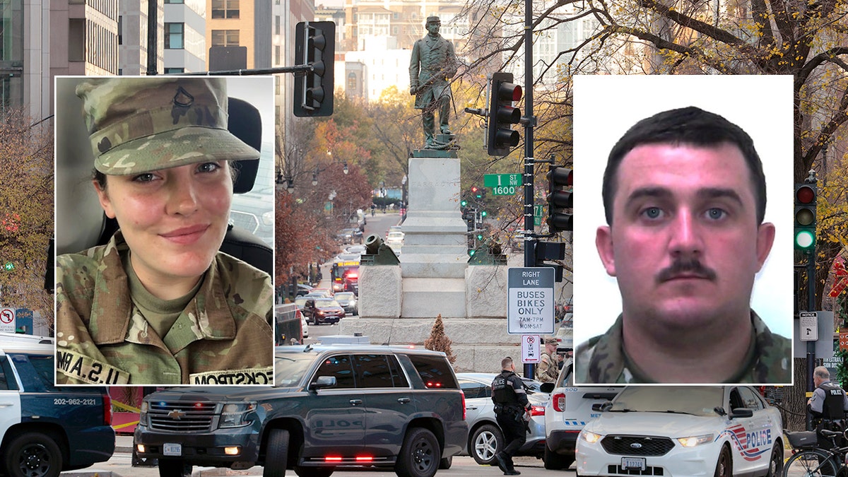 Side-by-side photos of the victims of the National Guard shooting in DC, with a background of the crime scene.