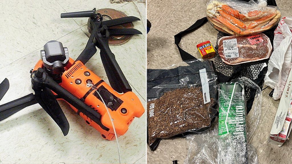 Prison officers intercept drone delivering steak, crab legs with seasoning to inmates in contraband drop Prison officers intercept drone delivering steak, crab legs with seasoning to inmates in contraband drop