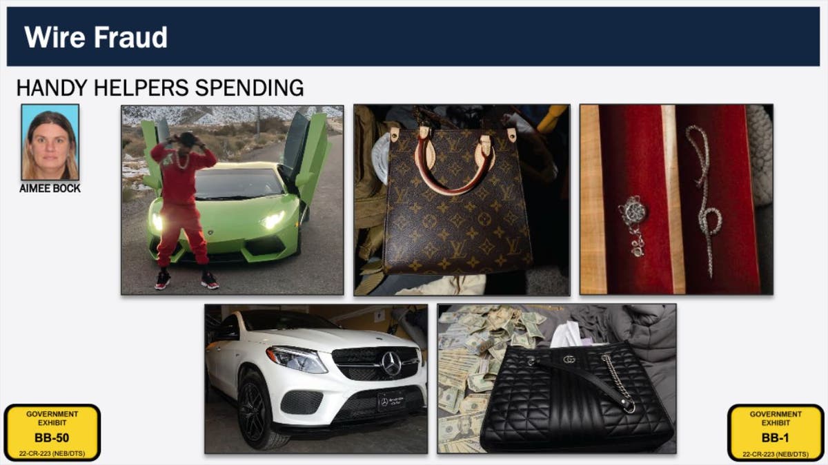 DOJ exhibit collage showing luxury bags, jewelry, cash, a Lamborghini and a white Mercedes labeled as Handy Helpers Spending.