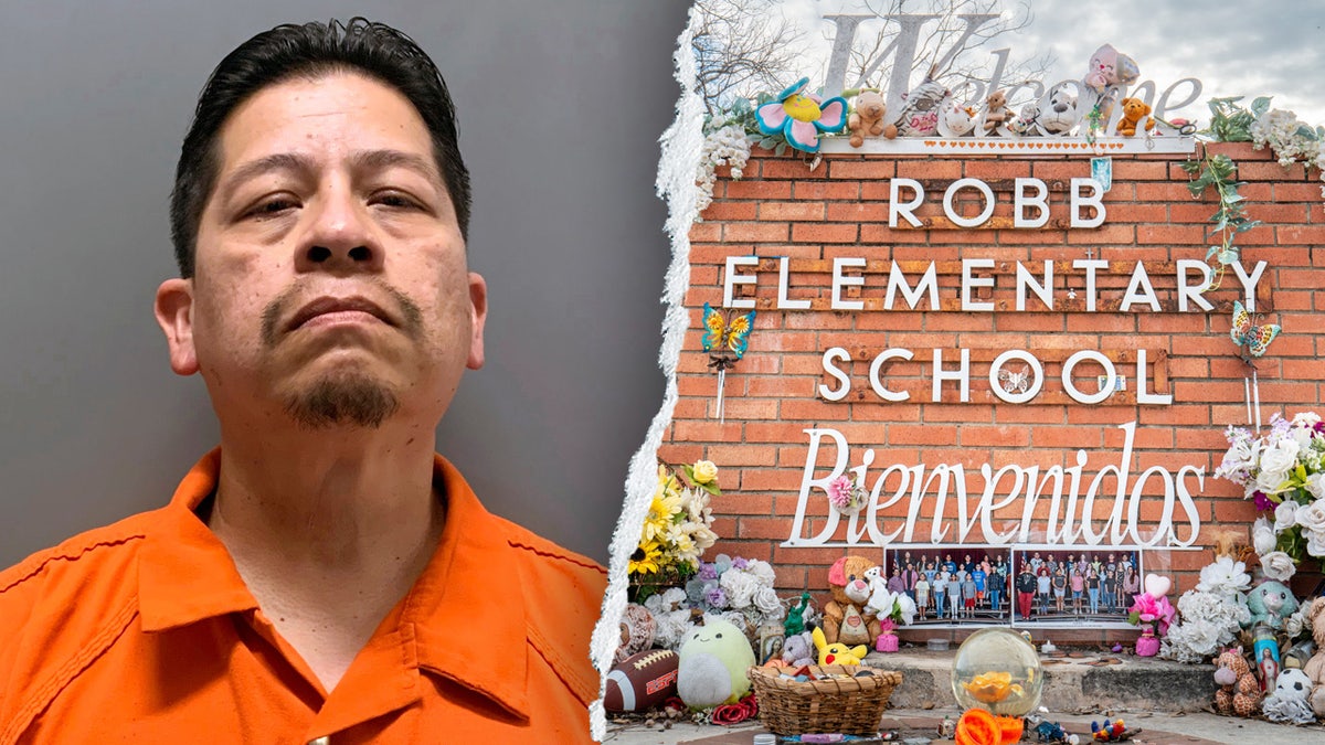 Adrian Gonzales booking photo and Robb Elementary School memorial