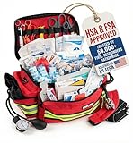 Scherber First Responder Fully-Stocked Professional Essentials EMT/EMS Trauma Kit | HSA/FSA Approved | Reflective Bag w/8 Zippered Pockets & Compartments & 200+ First Aid Supplies - Red
