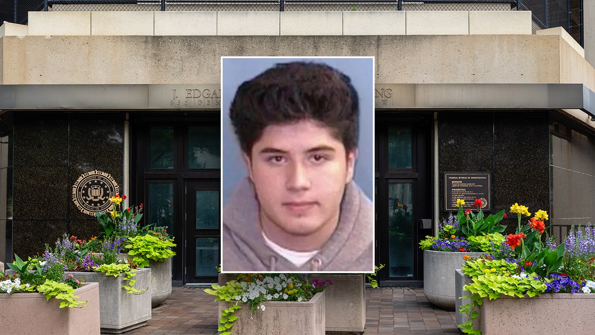 Mugshot of Alejandro Rosales Castillo over the FBI headquarters