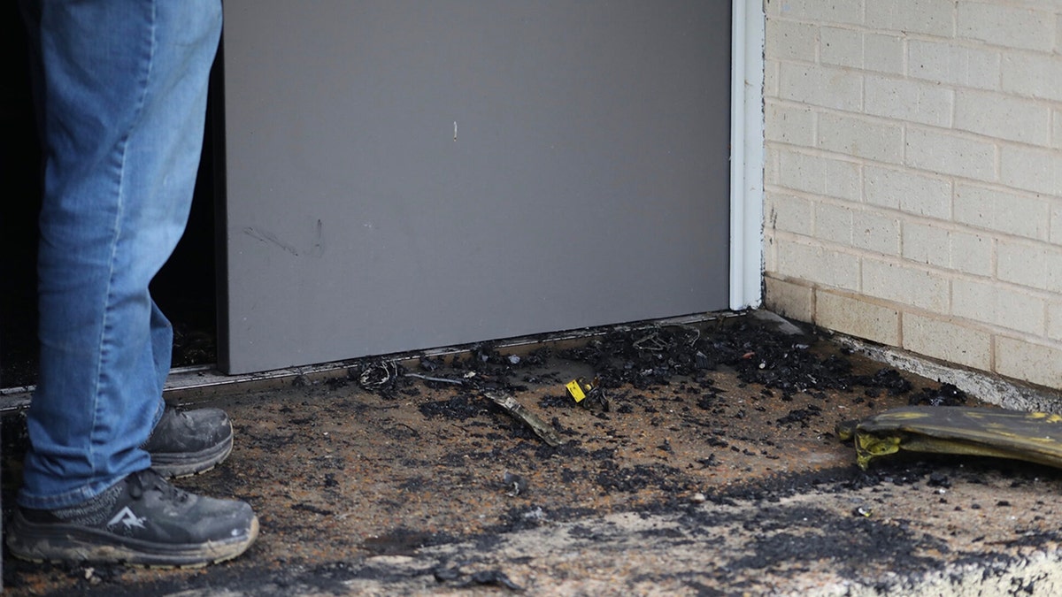 Charred fire damage outside synagogue