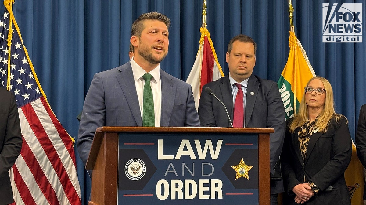 Florida Attorney General Uthmeier speaks during a pres conference in Winter Haven, Florida.