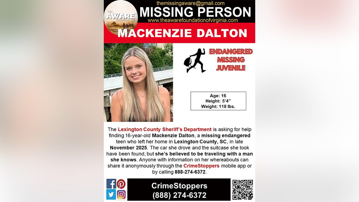 A missing person's flyer for Mackenzie Dalton, 16.