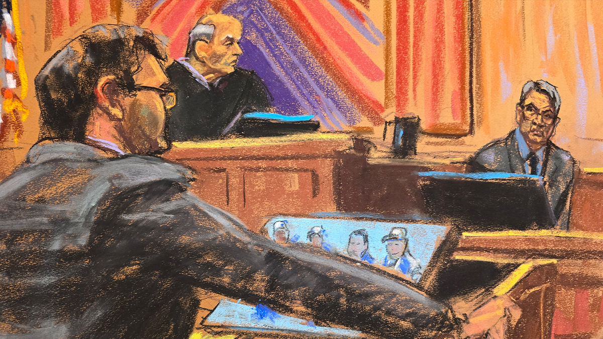 A court sketch shows Assistant US Attorney Kyle Wirshba questioning the former president of Honduras, Juan Orlando Hernandez