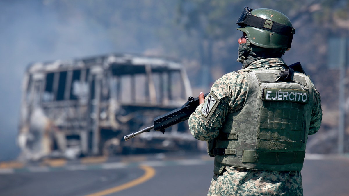 Soldier stands guard by a charred vehicle.