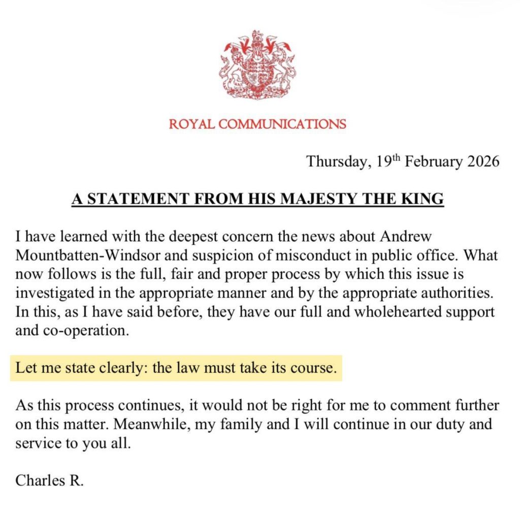 “Law Must Take Its Course”: King Charles Responds To Arrest Of Former Prince Andrew