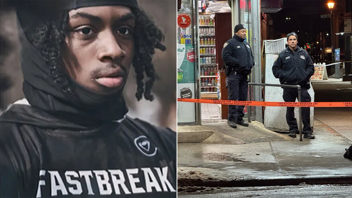 split photo of young man wearing athletic wear and crime scene with police
