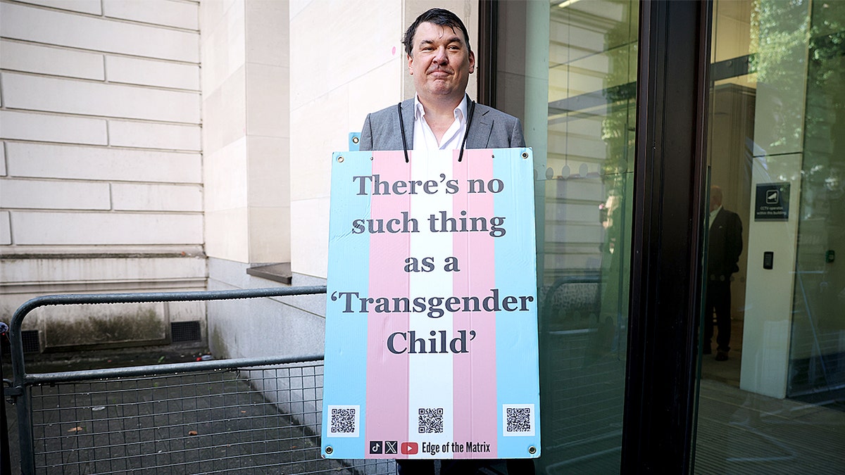 Graham Linehan outside court with transgender protest sign