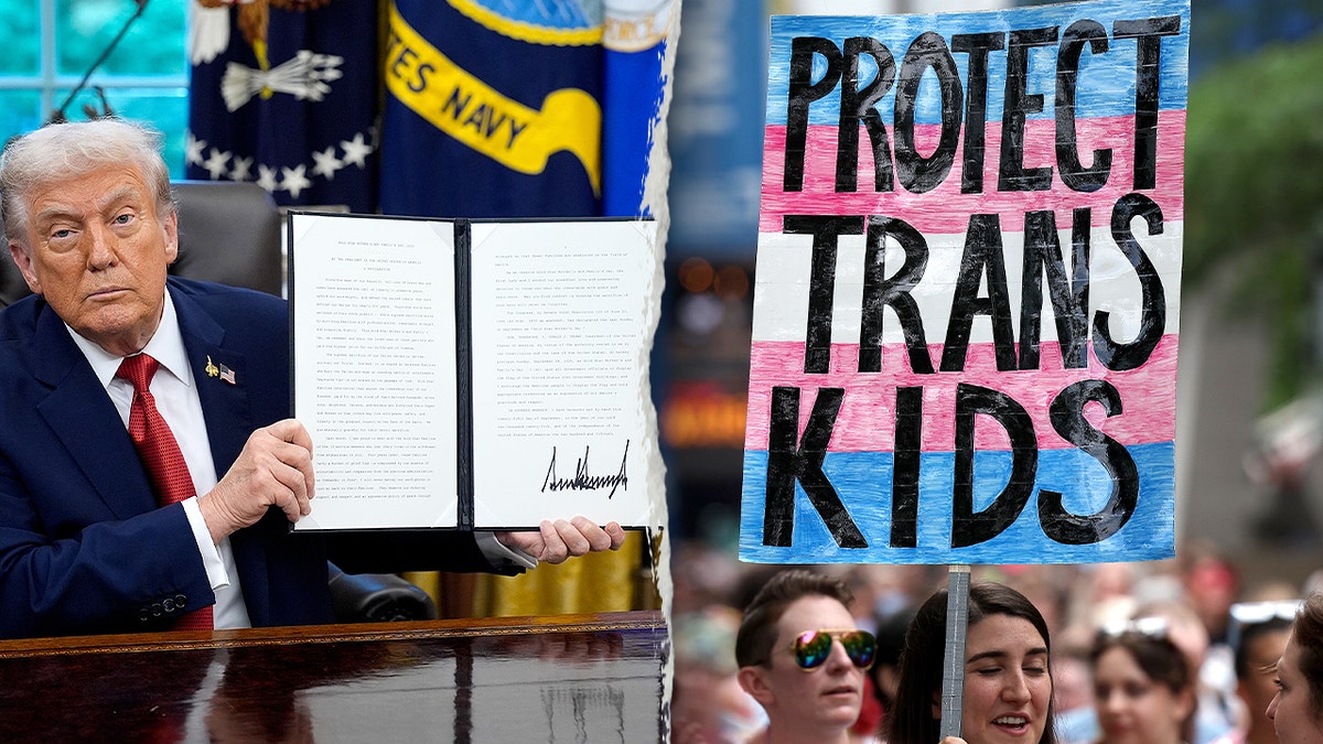 Donald Trump and pro-transgender rights protesters