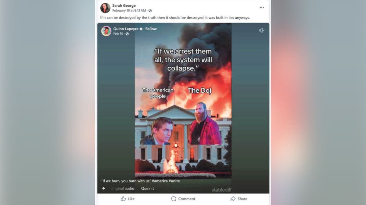 Screenshot of a social media post showing an AI-generated image of the White House on fire.