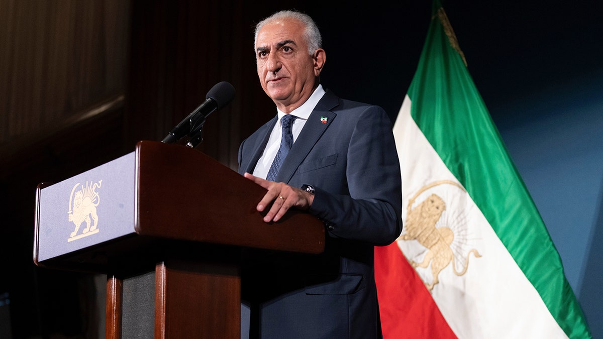Exiled Iranian crown prince Reza Pahlavi speaks during news conference