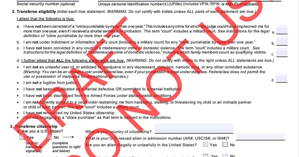 New Form 4473 Draft: Sex Field Reduced to Male and Female, Marijuana Question Updated, Direct Shipping Added